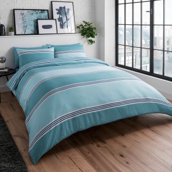 Banded Stripe Teal Cotton Mix Duvet Set