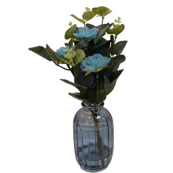 Roses and Eucalyptus in Blue Vase
