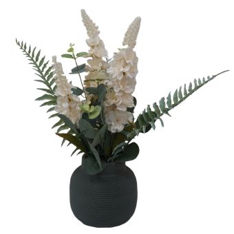 Cream Delphiniums in Grey Round Pot