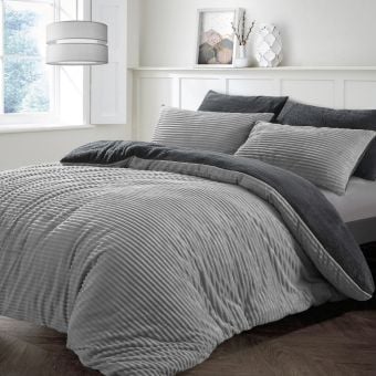 Teddy Fleece Cord Grey and Charcoal Duvet Cover Set 