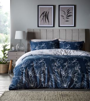 Linear Floral Navy Cotton Mix Duvet Set