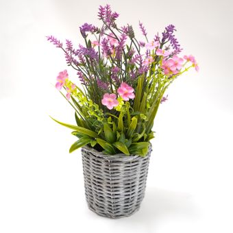 Lavender & Pink Florals in Wicker Pot