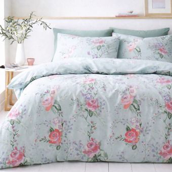 Rose Garden Duck Egg Cotton Mix Duvet Cover Set