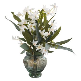 White And Green Florals in Glass Vase 
