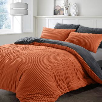 Teddy Fleece Cord Terracotta and Grey Duvet Cover Set 
