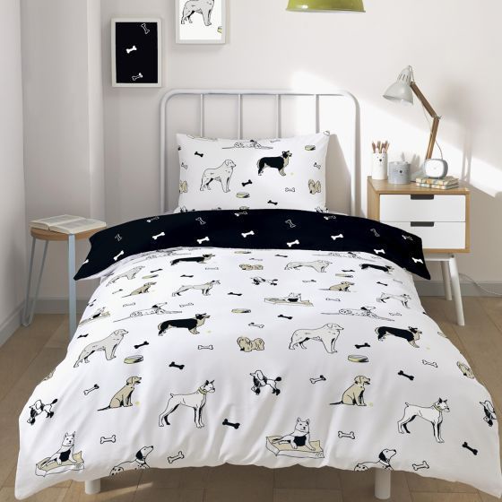 Dogs Black and White Cotton Mix Duvet Cover Set