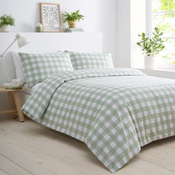 Gingham Sage Green Cotton Mix Duvet Cover Set