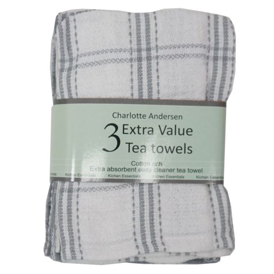 Grey Check Tea Towel 3pk