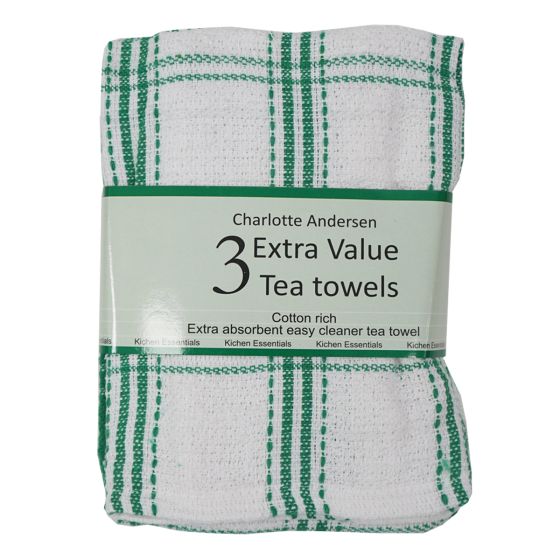 Green Check Tea Towels 3pk