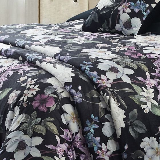 Hannah Black Floral Velvet Bedspread 260x220cm