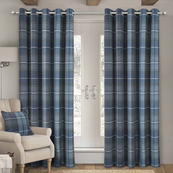 Kinross Blue Interlined Thermal Ready Made Eyelet Curtains