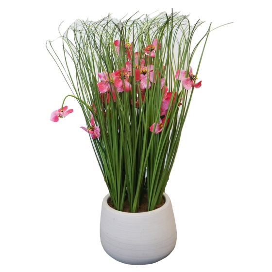 Pink Flowers and Grass in Natural Pot