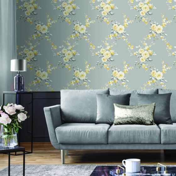 Canterbury Floral Grey & Ochre Wallpaper