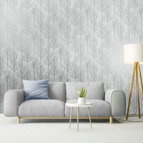 Rhea Trees Grey & Silver Effect Wallpaper Roll