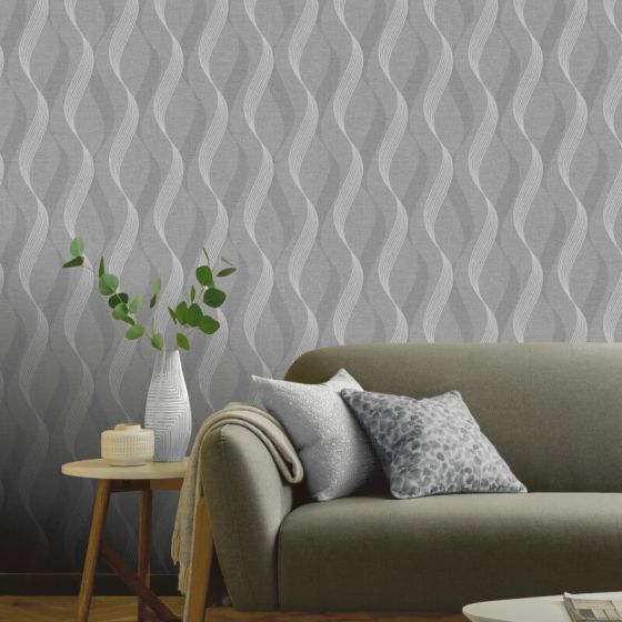 Luxe Ribbon Charcoal & Silver Wallpaper Roll