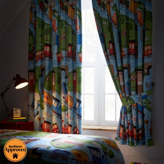 Trains Multi Ready Made Pencil Pleat Curtains