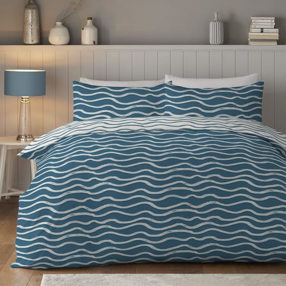 Coastal Wave Blue Cotton Rich Duvet Cover Set